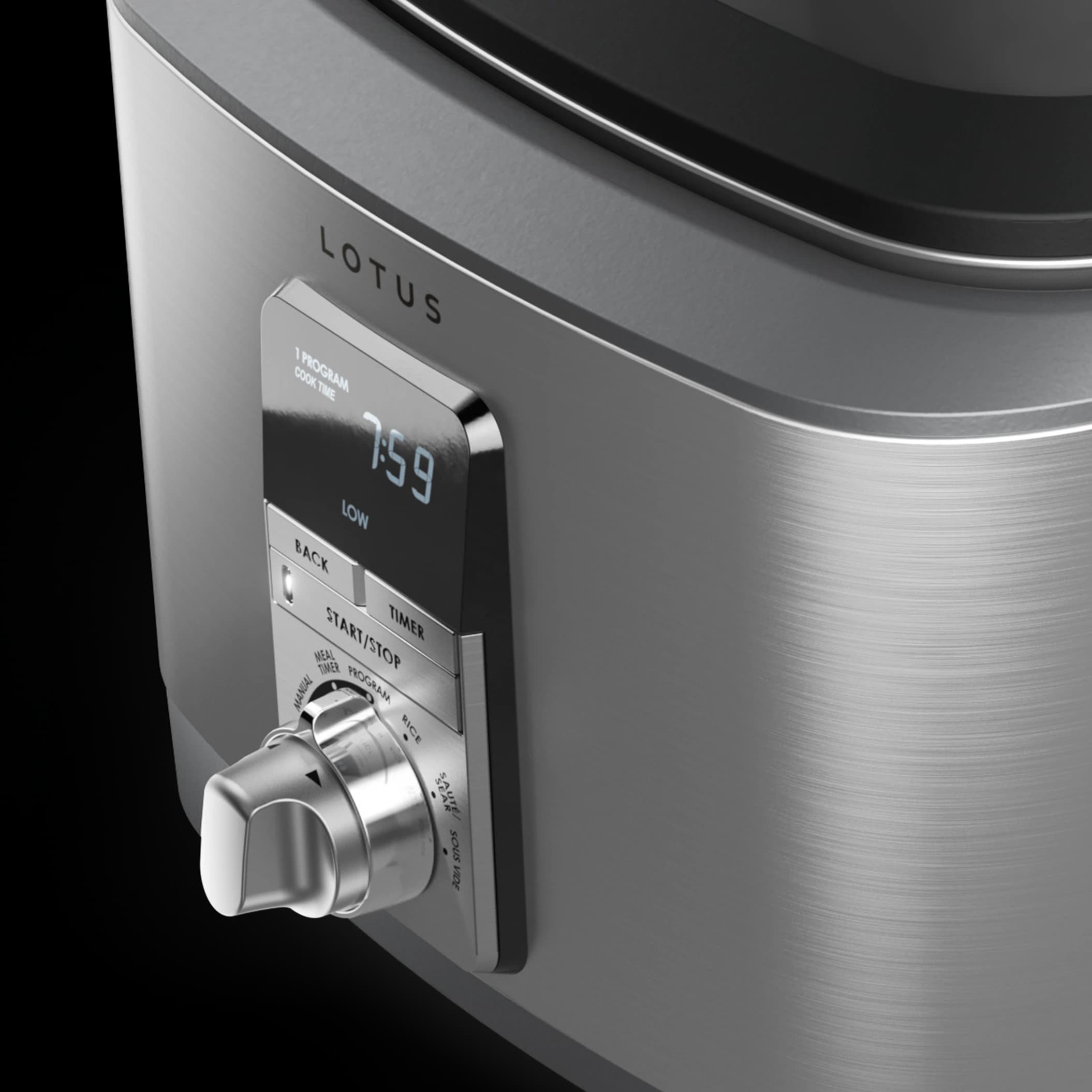 close up of control panel on the sous™ advanced multi function cooker with tri ply dutch oven model ltssc500